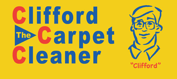 logo for "clifford the carpet cleaner" with large blue and red text on yellow background, and a simple illustration of a man labeled "clifford" on the right.